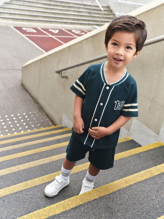 Teal Blue Short Sleeve Varsity Shorts Set (3mths-7yrs) image 2