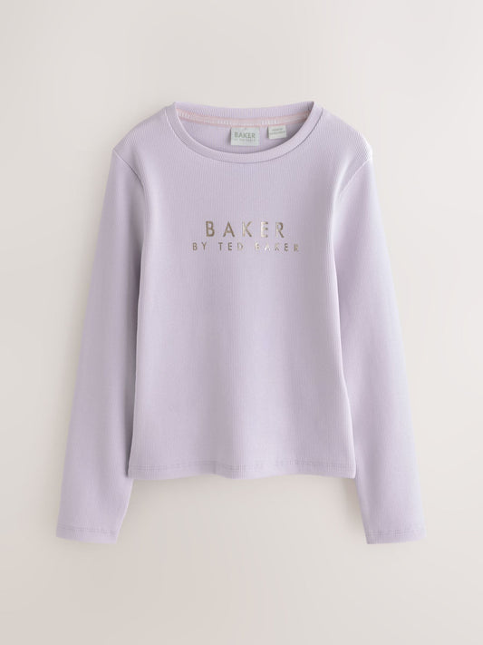 Baker by Ted Baker Pink/Purple Ribbed Long Sleeve T-Shirts 3 Pack image 2