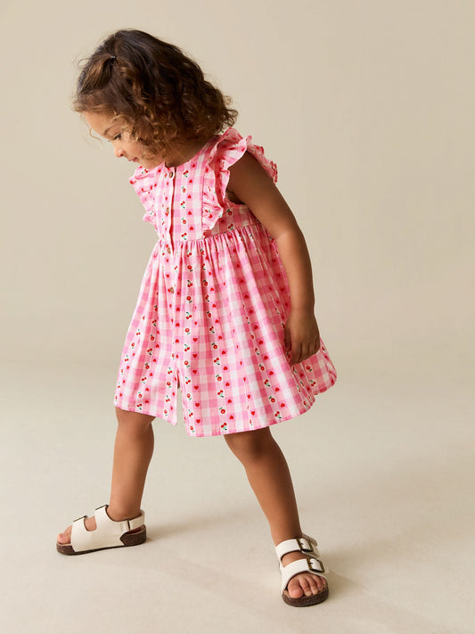 Dsiney Kidz - Pink Gingham Cherry Double Ruffle Sleeve Dress (3mths-8yrs) image 2