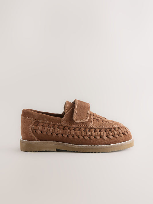Tan Brown Standard Fit (F) Touch Fastening Woven Suede Loafers image 2