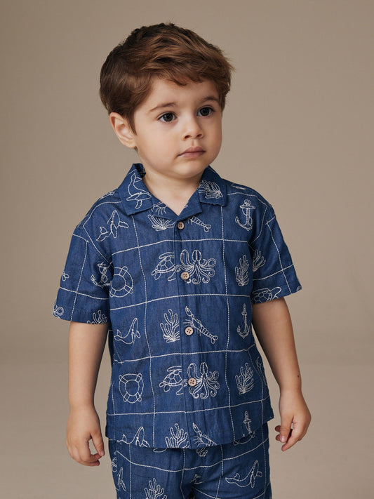 Dsiney Kidz - Blue Denim Sea Life Embroidery Short Sleeve Revere Collar Shirt & Shorts Set (3mths-10yrs) image 2