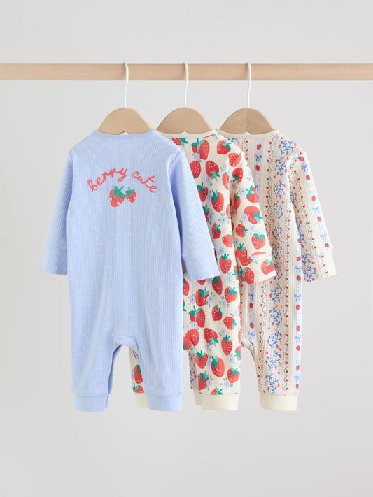Blue Baby Strawberry Sleepsuit 3 Pack (0mths-3yrs) image 2