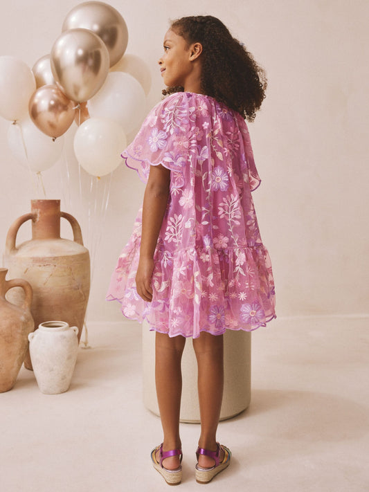 Dsiney Kidz - Pink Flower Embroidered Tiered Occasion Dress (3-16yrs) image 2