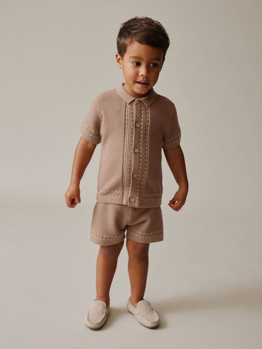Tan Brown Textured Knitted Button Through Polo Shirt and Shorts Set (3mths-10yrs) image 2