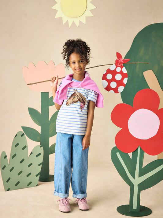 Joules Girls' Astra White & Blue Striped Horse Applique Cotton T-Shirt image 2