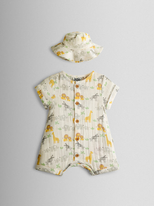 JoJo Maman Bébé Cream Safari Cheesecloth Romper & Hat Set image 2