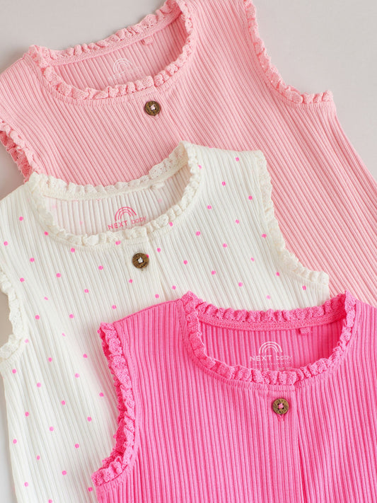 Pink Tonal Button Through Wide Leg Jersey Baby Rompers 3 Pack image 3