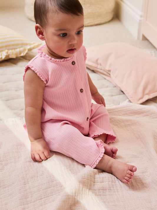 Pink Tonal Button Through Wide Leg Jersey Baby Rompers 3 Pack image 2