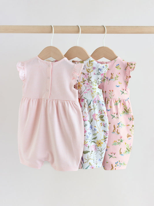 Pink Floral Frill Shoulder Baby Rompers 3 Pack image 2