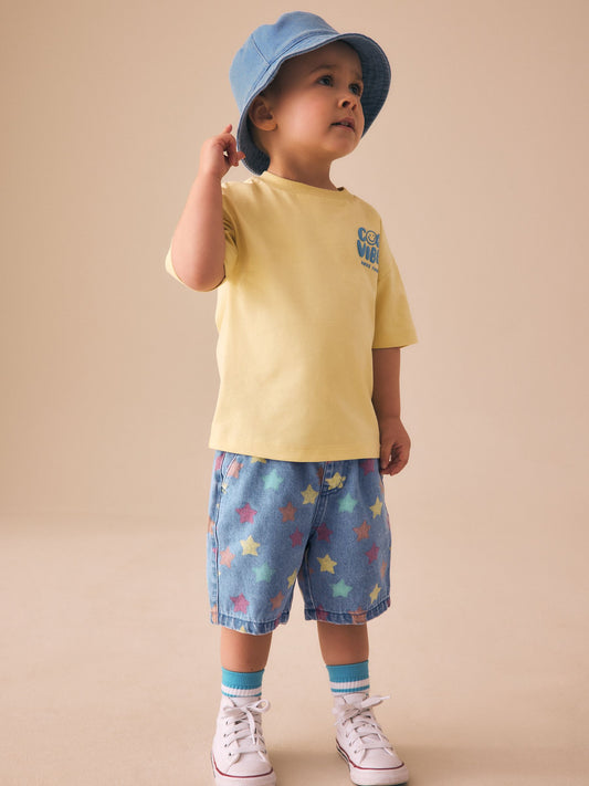 Mid Blue Denim Star Pull On Loose Denim Shorts (3mths-7yrs) image 2