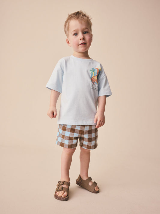 Blue/Brown Gingham Linen Blend Pull On Shorts (3mths-7yrs) image 2