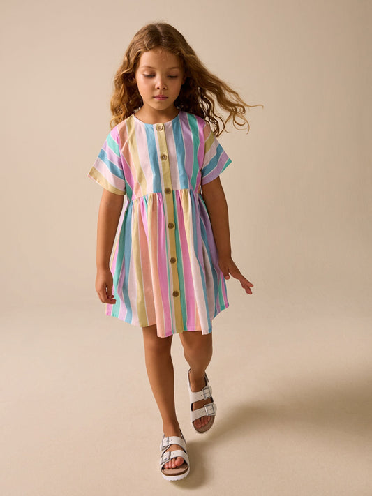Rainbow Stripe Short Sleeve Button Through Dress (3-16yrs) image 2