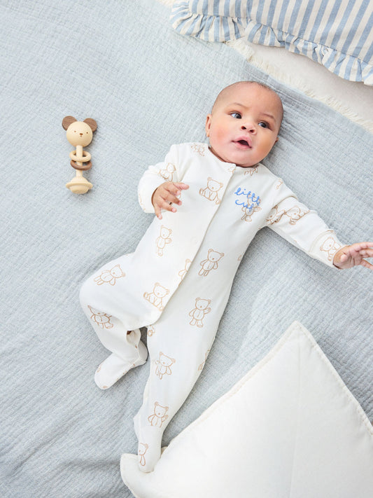 Blue/Ecru Bear Baby Sleepsuits 3 Pack (0-2yrs) image 2
