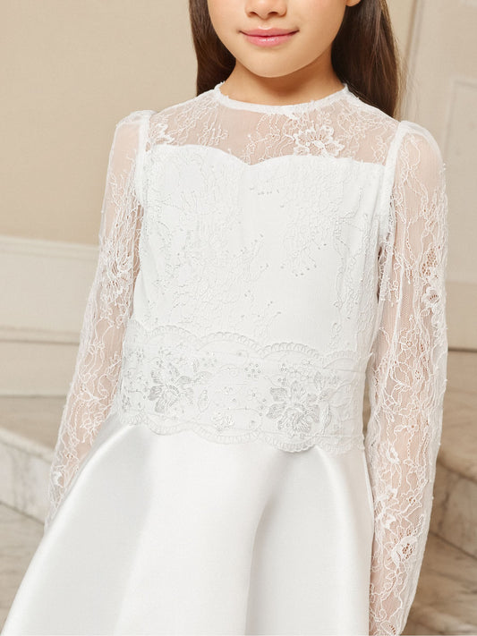 Dsiney Kidz - Lipsy White Holy Communion Long Sleeve Lace Satin Occasion Dress (7-11yrs) image 2