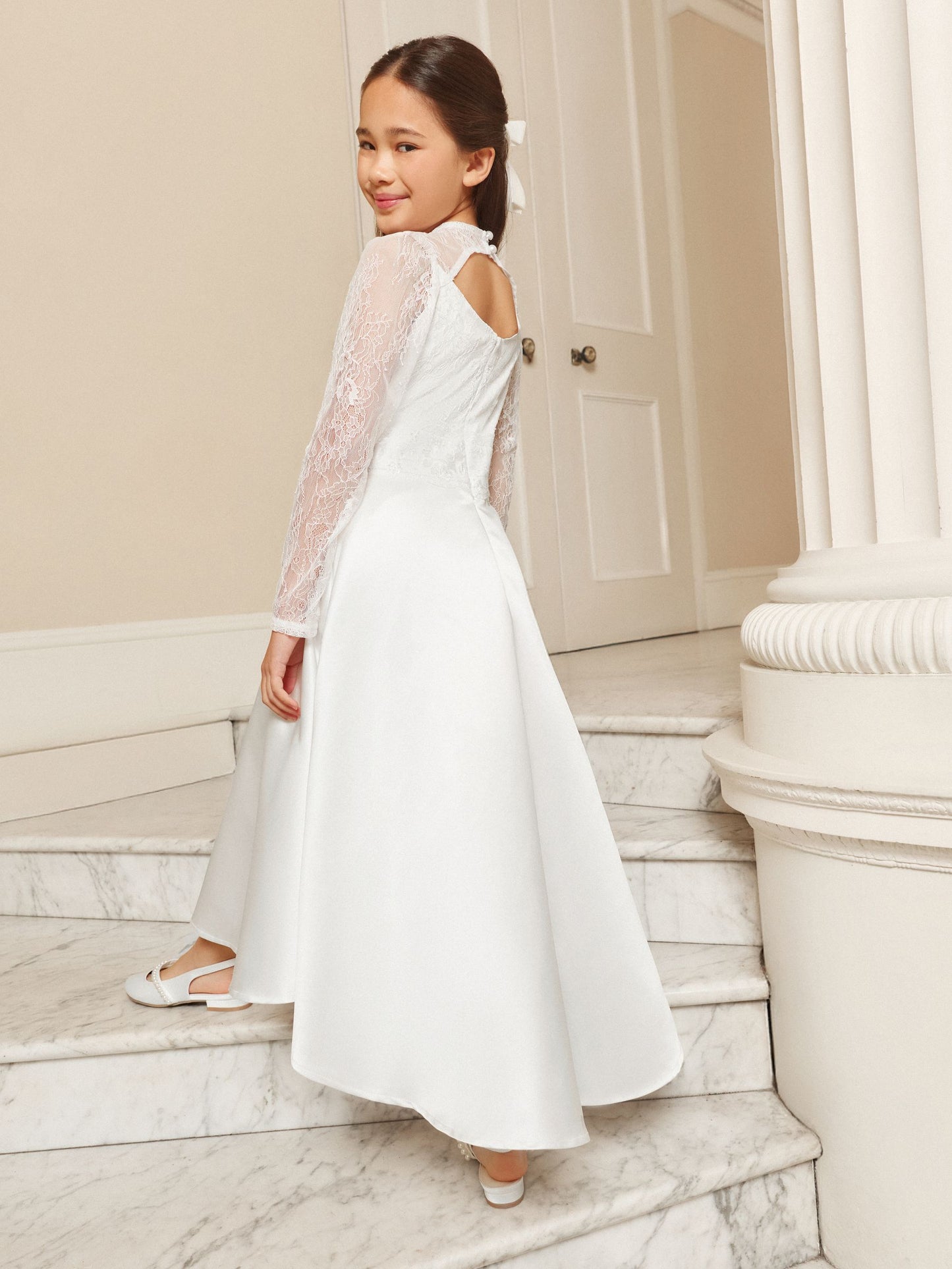 Lipsy White Holy Communion Long Sleeve Lace Satin Occasion Dress (7-11yrs) image 5