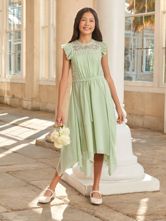 Dsiney Kidz - Lipsy Sage Green Lace Front Flutter Sleeve Occasion Dress (5-16yrs) image 2