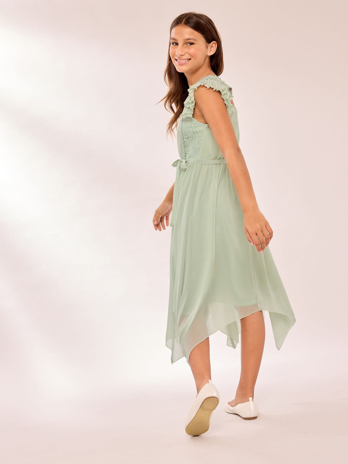 Lipsy Sage Green Lace Front Flutter Sleeve Occasion Dress (5-16yrs) - image 5