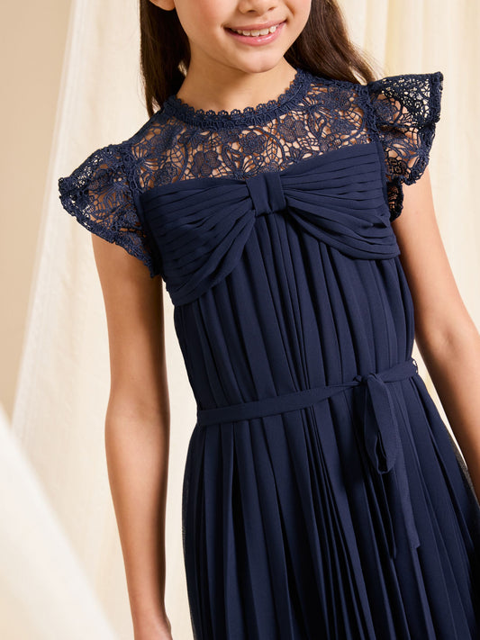 Dsiney Kidz - Lipsy Navy Blue Lace Bow Yolk Pleated Occasion Dress (5-16yrs) image 2