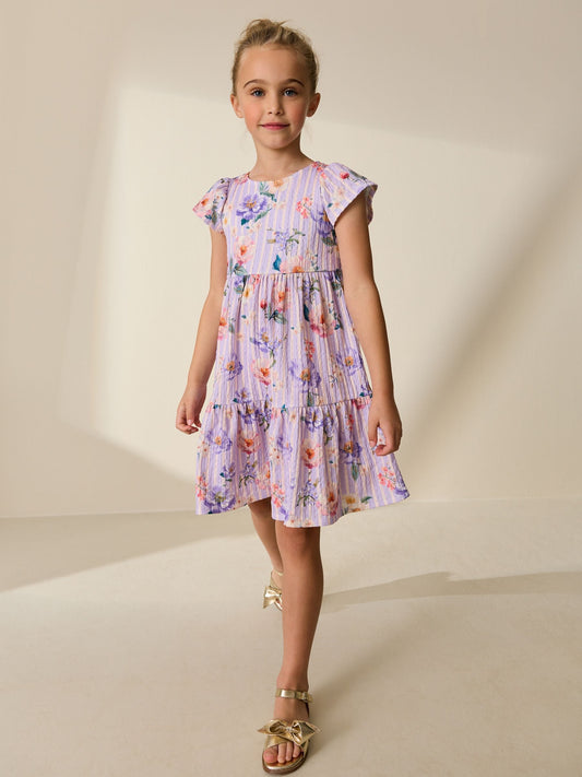 Dsiney Kidz - Lilac Floral Angel Sleeve Crinkle Dress (3-16yrs) image 2