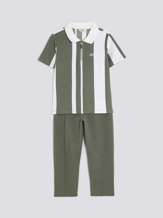 River Island Green Boys Stripe Polo Joggers Set image 2