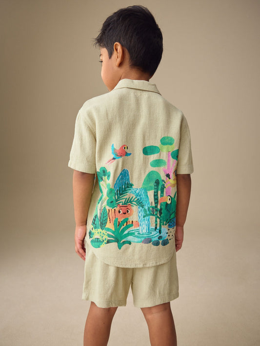 Light Green Jungle Print Short Sleeve Revere Collar Shirt & Shorts Set (3mths-10yrs) image 3