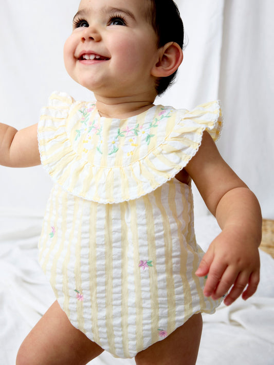 JoJo Maman Bébé Yellow Flower Embroidered Frill Stripe Romper image 2