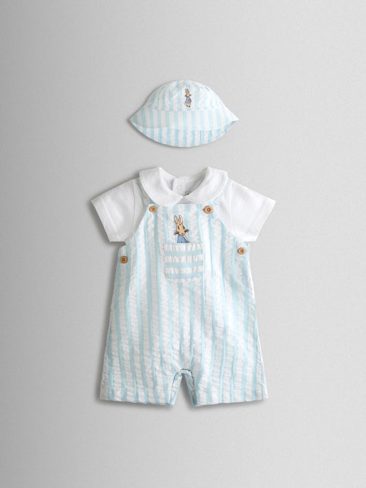 Dsiney Kidz - JoJo Maman Bébé Blue Peter Rabbit™ Stripe Dungaree, Body & Hat Set image 2