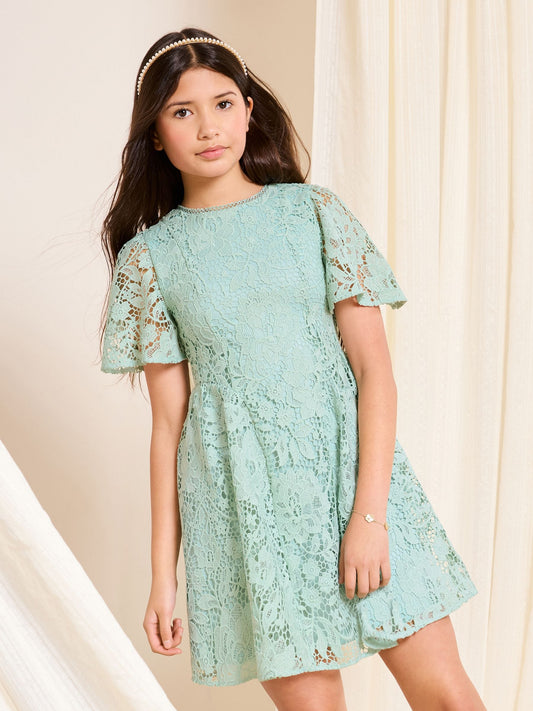 Dsiney Kidz - Lipsy Sage Green Lace Angel Sleeve Occasion Dress (5-16yrs) image 2