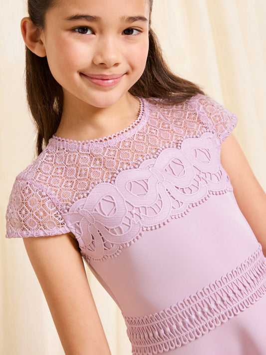 Dsiney Kidz - Lipsy Lilac Purple Bow Lace Scuba Occasion Dress (5-16yrs) image 2
