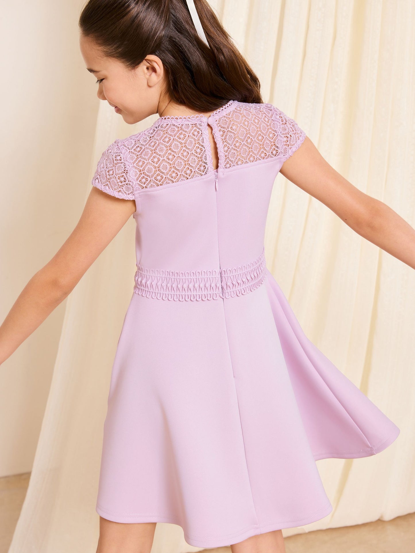 Lipsy Lilac Purple Bow Lace Scuba Occasion Dress (5-16yrs) image 4