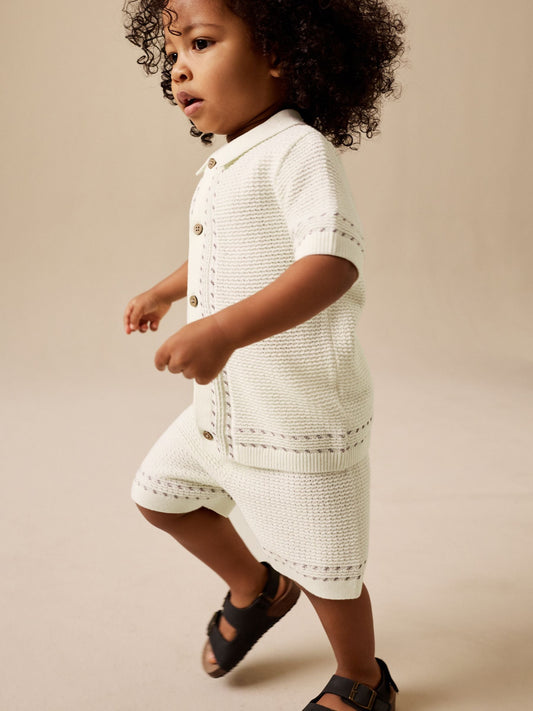 Ecru Textured Knitted Button Through Polo Shirt and Shorts Set (3mths-10yrs) image 3