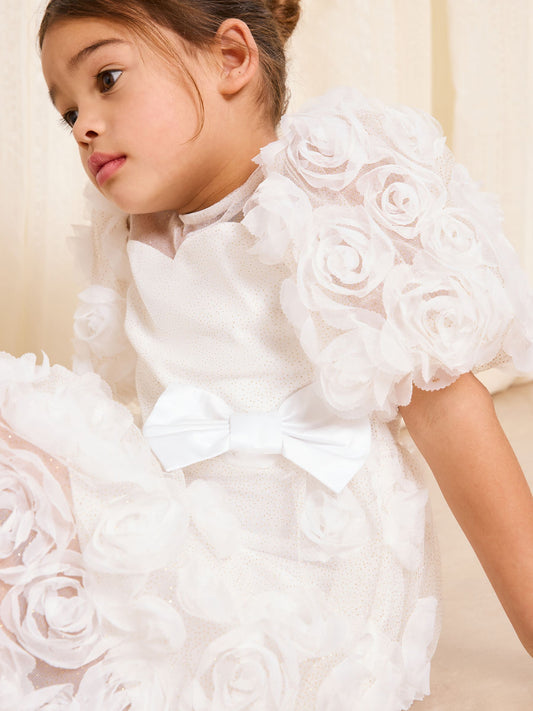 Dsiney Kidz - Lipsy White 3D Floral Puff Sleeve Sparkle Occasion Dress (2-7yrs) image 2