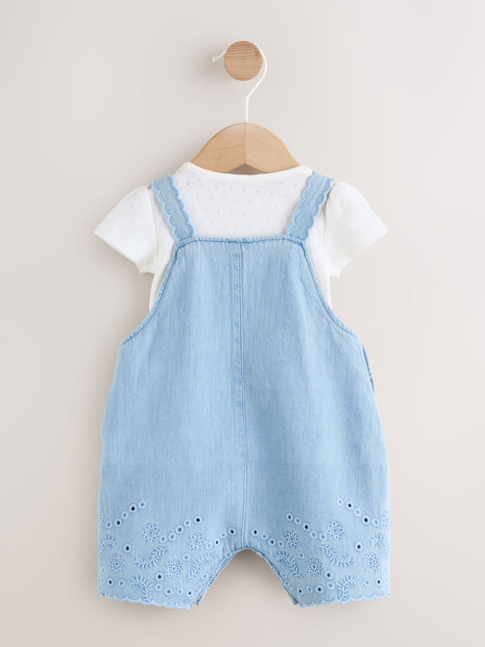Dsiney Kidz - Denim Blue Broiderie Dungaree and Bodysuit Baby 2 Piece Set (0mths-3yrs) image 2