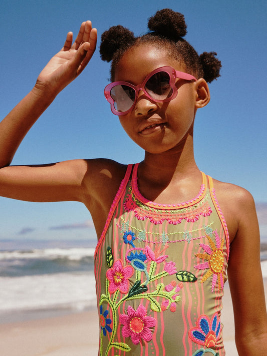 Orange Floral Embroidered Double Strap Swimsuit (3-16yrs) image 3