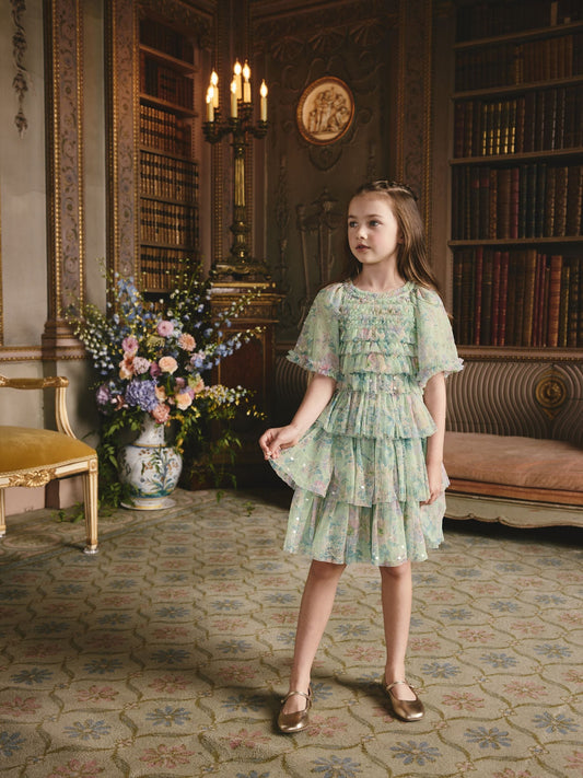 Dsiney Kidz - Mint Green Floral Sequin Ruffle Mesh Occasion Dress (3-16yrs) image 2