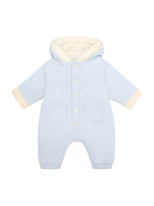 Emile Et Rose Blue Kane Knitted Pramsuit With Pockets Fur Trim And Pom-Pom image 2