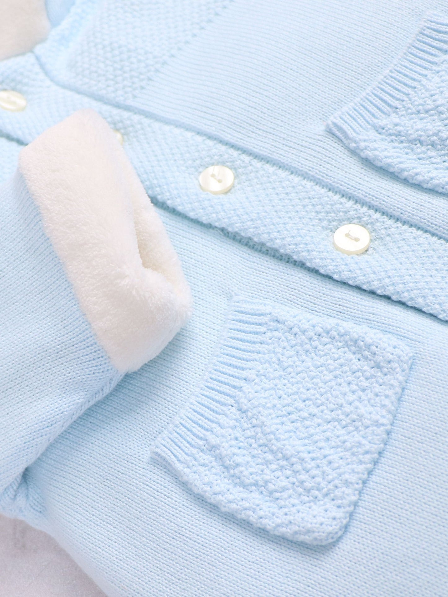 Emile Et Rose Blue Kane Knitted Pramsuit With Pockets Fur Trim And Pom-Pom image 5