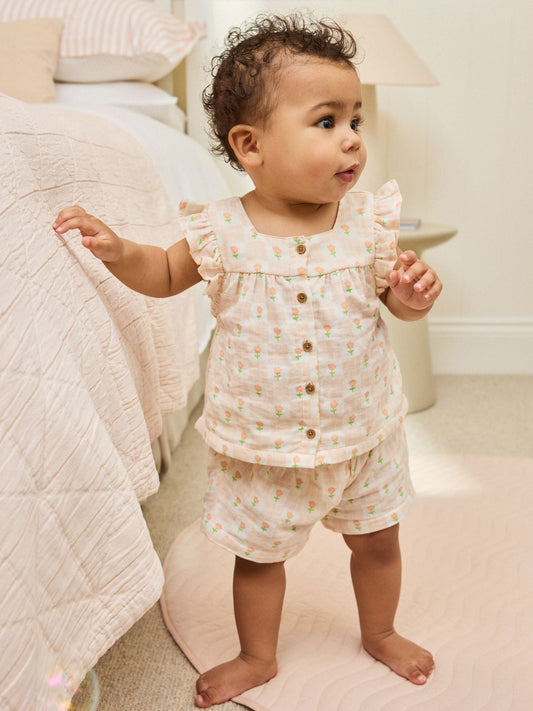 Dsiney Kidz - Ecru Pink Floral Woven Baby Top and Shorts Set 2 Piece (0mths-2yrs) image 2