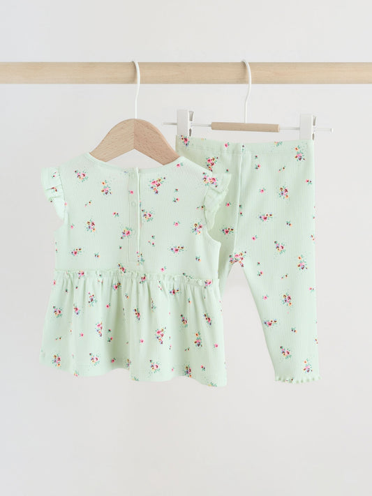 Dsiney Kidz - Sage Green Flower Rib Top and Leggings Baby Set 2 Piece (0mths-2yrs) image 2