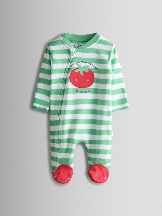 JoJo Maman Bébé Green Tomato Appliqué Cotton Footed Zip Sleepsuit, Hat and Bib Set image 2