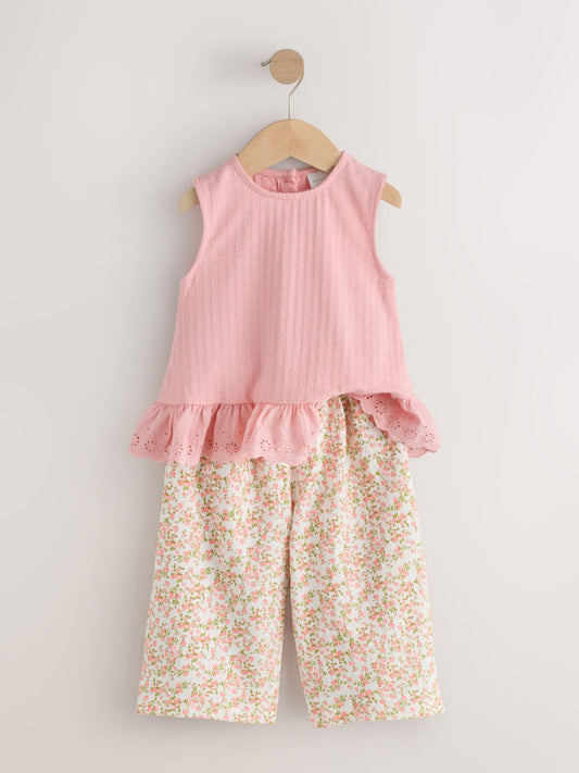 Pink Flower Broiderie Vest and Wide Trousers Set (3mths-7yrs) image 2