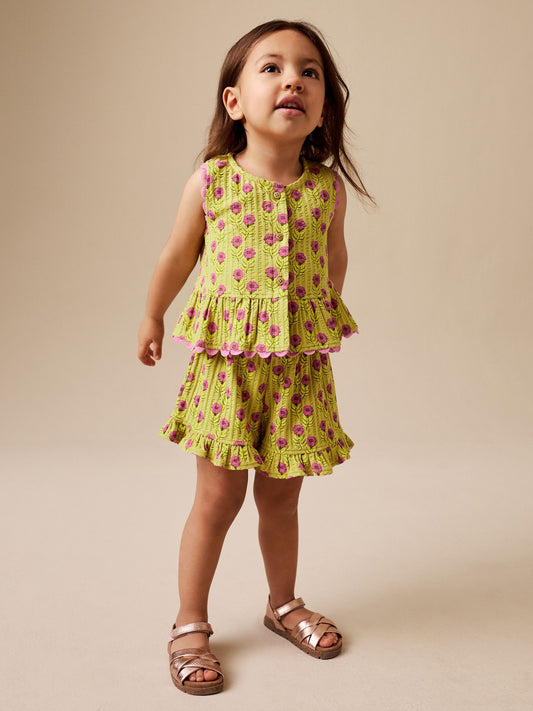 Dsiney Kidz - Green/Pink Flower Peplum Vest and Shorts Set (3mths-7yrs) image 2