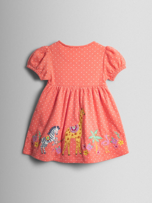 JoJo Maman Bébé Peach Pink Safari Appliqué Puff Sleeve Button Front Dress
