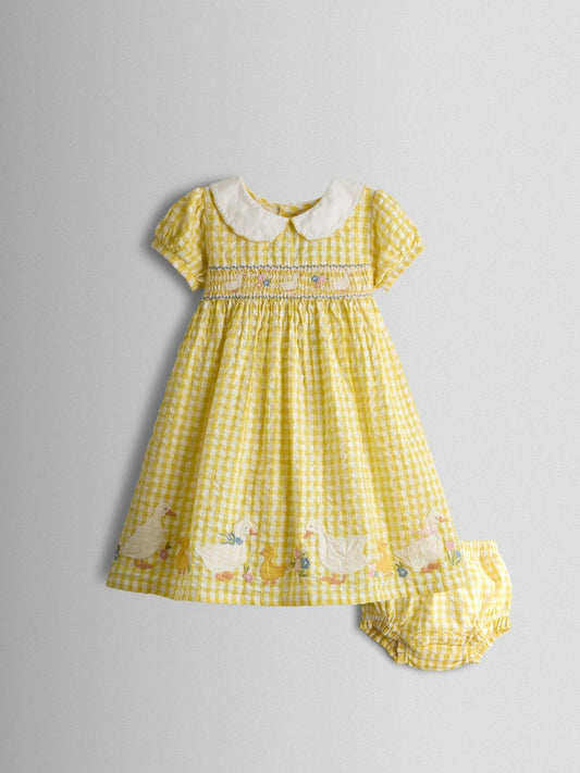 JoJo Maman Bébé Yellow Duck Appliqué Smocked Dress