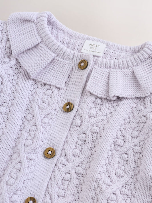 Lilac Purple Frill Collar Knitted Baby Cardigan (0mths-2yrs)