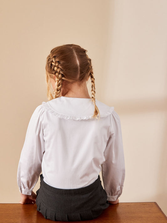 Dsiney Kidz - White Girls Premium Cotton Stretch Frill Collar Long Sleeve School Blouse (3-14yrs) image 2