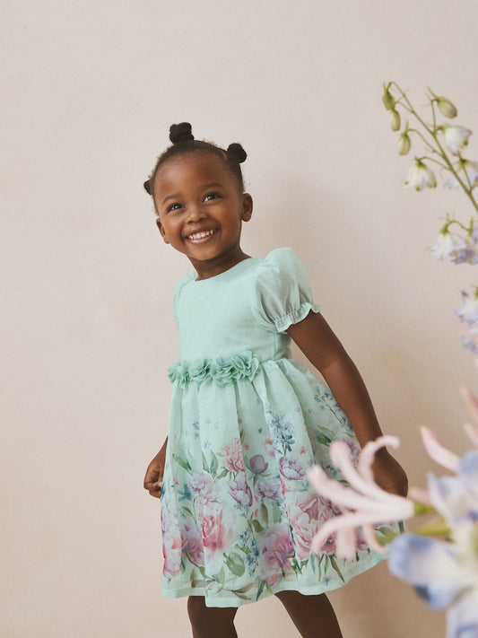 Mint Floral Print Flower Corsage Dress (3mths-8yrs)