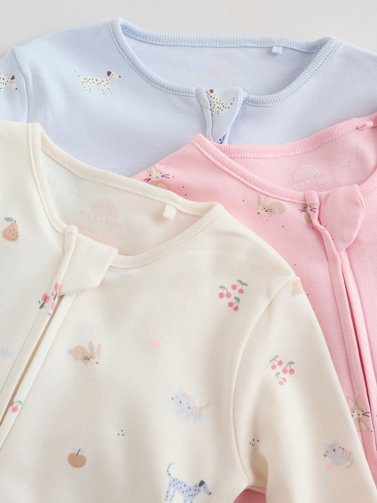 Multi Pastel Character 3 Pack Two Way Zip Baby Sleepsuit (0mths-3yrs)