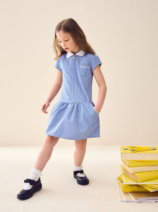 Dsiney Kidz - Mid Blue Zip Front Cotton Rich Gingham School Dress (3-14yrs) image 2