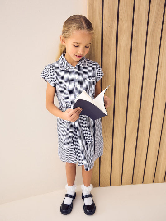 Dsiney Kidz - Navy Blue Gingham Cotton Rich Belted School Dress with Scrunchie (3-14yrs) image 2